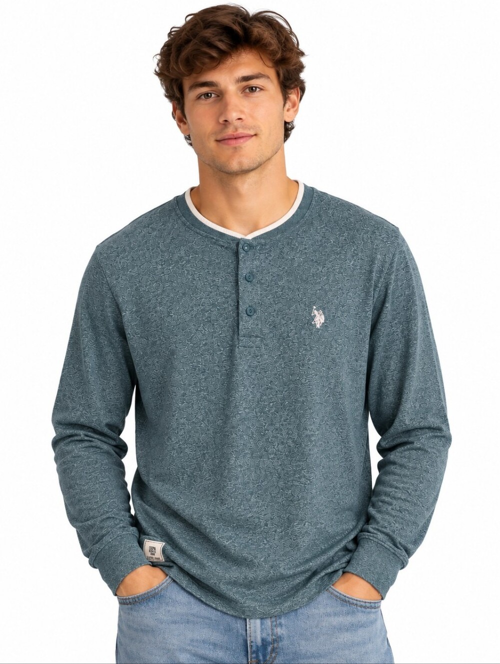 U.S. Polo Assn. Men’s L Blue Heather Long Sleeve Henley Shirt